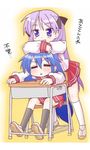  blue_eyes blue_hair desk duplicate hiiragi_kagami izumi_konata long_hair lowres lucky_star mole mole_under_eye multiple_girls non-web_source purple_hair ryouou_school_uniform school_uniform serafuku twintails 