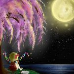  barefoot cherry_blossoms flandre_scarlet hat hat_removed headwear_removed highres moon night renge_(anello) solo touhou 