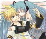  1girl aqua_hair bad_id bad_pixiv_id blonde_hair blue_eyes closed_eyes detached_sleeves hatsune_miku headphones headset hug kagamine_len long_hair navel necktie sakuragi_mikan twintails very_long_hair vocaloid 