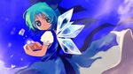  aqua_hair bangs blue_background blue_bow blue_dress blue_eyes blue_ribbon bow chaba_(hortensia) cirno dress from_side glowing hair_bow ice ice_wings puffy_short_sleeves puffy_sleeves ribbon shirt short_hair short_sleeves solo touhou white_shirt wings 