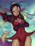  animal_ears antenna_hair black_eyes blue_hair breasts breath_of_fire breath_of_fire_iv cleavage cleavage_cutout dress eyeshadow frown fumio_(rsqkr) gloves gun makeup medium_breasts ribbon short_dress solo tail thighs ursula_(breath_of_fire) weapon 