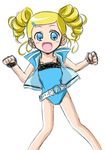  bad_proportions belt blonde_hair blue_eyes drill_hair fingerless_gloves flo gloves goutokuji_miyako hair_ornament hairclip no_nose open_mouth powerpuff_girls_z revision rolling_bubbles simple_background solo twintails white_background 