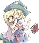  2girls :o alice_margatroid apron bangs blonde_hair blue_dress blush book bow dress hand_on_another's_cheek hand_on_another's_face hat hat_bow hug hug_from_behind kirisame_marisa multiple_girls puffy_short_sleeves puffy_sleeves pushing_away sakuraba_yuuki sash shirt short_hair short_sleeves simple_background sketch touhou vest white_background white_bow white_shirt witch_hat 