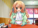  bib blonde_hair blue_eyes bowl chopsticks dress fang food game_cg itsukushima_takako long_hair non-web_source noodles norita otome_wa_boku_ni_koishiteru ramen solo 