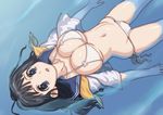  afloat bikini bikini_under_clothes black_hair blue_eyes breasts cleavage from_above hirose_(mokiki) huge_breasts long_hair looking_at_viewer lying navel on_back open_clothes open_shirt original partially_submerged school_uniform serafuku shirt side-tie_bikini solo string_bikini swimsuit swimsuit_under_clothes water 