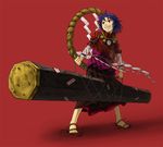  bad_id bad_pixiv_id blue_hair broken_ground carrying chain grin hairband huge_weapon kurione_(zassou) onbashira red_background red_eyes rope sandals short_hair simple_background smile solo touhou weapon yasaka_kanako 
