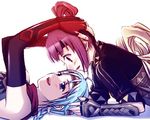  1girl blue_eyes blue_hair couple freyjadour_falenas gensou_suikoden gensou_suikoden_v gloves hetero lowres miakis puramairain purple_eyes purple_hair short_hair 