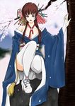  bare_shoulders brown_eyes brown_hair cherry_blossoms dead_or_alive hybrid_cat japanese_clothes kasumi_(doa) kimono long_hair obi sash solo thighhighs 
