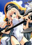  absurdres anchor blonde_hair copyright_request green_eyes hat highres long_hair miyama-zero one-piece_swimsuit pirate pirate_hat skin_tight skull_and_crossbones solo swimsuit thighhighs 