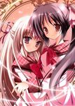  black_hair blonde_hair brown_eyes copyright_request hug long_hair mizusawa_mimori multiple_girls natsuki_coco red_eyes ribbon 