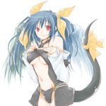  asymmetrical_wings bad_id bad_pixiv_id blue_hair bow breasts dizzy guilty_gear hair_bow hotaru_takana leather medium_breasts midriff navel red_eyes ribbon solo tail tail_raised tail_ribbon underboob wings 