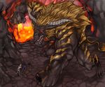  bad_id bad_pixiv_id horns knight landscape molten_rock monster monster_hunter no_humans rajang red_eyes sword touge_(kubiwa_tsuki) weapon 