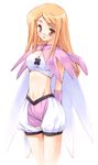  blonde_hair cowboy_shot elbow_gloves emblem gloves hoshizaki_hikaru long_hair looking_at_viewer midriff navel original pink_gloves puffy_shorts red_eyes shorts simple_background solo standing stomach white_background 