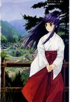  artist_name artist_request blue_hair building copyright_name day expressionless fence furude_rika grass hakama highres higurashi_no_naku_koro_ni japanese_clothes kimono long_hair long_sleeves looking_away miko mountain outdoors purple_eyes red_hakama scan scan_artifacts sky solo standing tree v_arms village wind wooden_fence 