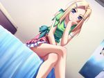  bed blonde_hair blue_eyes chin_rest crossed_legs dutch_angle fang hair_ornament hairclip horiuchi_sana long_hair murakami_suigun non-web_source pia_carrot_(series) pia_carrot_e_youkoso!! sitting solo 