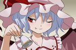  bad_id bad_pixiv_id bat_wings bell blue_hair close-up face fang hat one_eye_closed portrait red_eyes remilia_scarlet short_hair so-shi solo touhou wings 