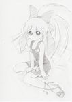  akazutsumi_momoko artist_request bare_legs blush bow collarbone dress full_body greyscale hair_bow hyper_blossom long_hair looking_at_viewer monochrome ponytail powerpuff_girls_z shoes simple_background sitting sketch solo very_long_hair wariza white_background 