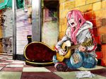  acoustic_guitar bad_id bad_pixiv_id casual coat guitar guitar_case instrument instrument_case liran_(iro) long_hair megurine_luka mole mole_under_mouth pink_hair road sheet_music shoes sneakers solo street vocaloid 