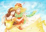  1girl anna_(ff4) blonde_hair brown_hair closed_eyes couple dress final_fantasy final_fantasy_iv gilbart_chris_von_muir hat hetero hiyukiyui holding_hands long_hair open_mouth scarf smile wind 