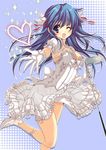  arin blue_hair breasts cleavage corset dress foreshortening gloves golf_club happy head_wings high_heels legs long_hair medium_breasts one_eye_closed outstretched_arm outstretched_hand pangya purple_eyes shoes solo wedding_dress wind wind_lift yukiwo 