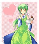  alternate_hairstyle apron checkered checkered_background chocolate green_hair hair_ornament heart kochiya_sanae long_hair nu_(plastic_eraser) ponytail snake solo star touhou yellow_eyes 