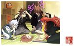  angry brown_hair drawing embarrassed genius_sage japanese_clothes kimono kratos_aurion laughing lloyd_irving male_focus multiple_boys red_eyes red_hair shimabara short_hair smile sword tales_of_(series) tales_of_symphonia tears weapon white_hair zelos_wilder 