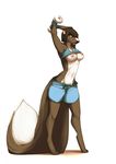  anthro blue_eyes breasts clothed clothing female flashing fur hair looking_at_viewer lost-paw mammal myris navel nipples plain_background pose skunk solo tongue weights white_background 