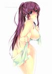 absurdres areolae ass blue_eyes blush breasts covered_nipples cowboy_shot highres holding large_breasts long_hair looking_at_viewer naked_towel namaiki! open_mouth original ponytail purple_hair scan simple_background solo towel white_background yu_(bkks) 