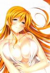  absurdres blonde_hair blue_eyes blush breasts cleavage cloth_pull highres jewelry large_breasts long_hair looking_at_viewer namaiki! necklace original scan simple_background smile solo upper_body white_background yu_(bkks) 