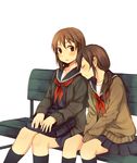  bag bench between_legs blush brown_hair cardigan closed_eyes hachiko_(hati12) hand_between_legs kneehighs leaning_on_person multiple_girls open_cardigan open_clothes original school_bag school_uniform serafuku short_hair simple_background sitting skirt white_background yuri 