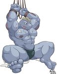  5_toes abs anthro bdsm biceps big_muscles bondage bound cum gay machoke maldu male messy muscles nintendo nipples plain_background pok&#233;mon pok&eacute;mon rope solo speedo swimsuit toes tongue tongue_out topless underwear video_games 