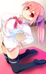  :o black_legwear black_panties blue_vert blush breasts full_body kneeling large_breasts long_hair looking_at_viewer no_pants no_shoes original panties pink_hair plantar_flexion red_eyes solo stretch thighhighs thighs underwear 