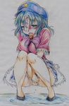  absurdres blue_eyes blue_hair blush colored_pencil_(medium) commentary expressive_clothes hat highres miyako_yoshika nichibotsu_(kitaziman) ofuda open_mouth panties pee peeing peeing_self short_hair solo tears touhou traditional_media translated underwear 