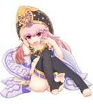  arm_support bare_shoulders barefoot bracelet detached_sleeves feet headgear jewelry kaburagi_(pino) long_hair lord_of_vermilion mahrt no_nose no_panties open_mouth pink_hair red_eyes sitting soles solo stirrup_legwear teeth thighhighs toeless_legwear 