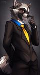  black_nose brown_eyes clothed clothing falvie male mammal necktie one_eye_closed raccoon smirk solo suit wink 