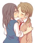  black_hair blush brown_eyes hachiko_(hati12) imminent_kiss lipstick long_hair makeup multiple_girls one_eye_closed original ponytail school_uniform simple_background sleeves_rolled_up white_background yuri 