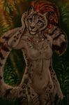  aztec bare blue_eyes breasts chest_tuft collaboration feathers feline female flash_lioness forest fur jewelry leopard looking_at_viewer mammal necklace nude snow_leopard tree tribal tuft 