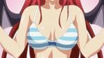  1girl animated animated_gif bouncing_breasts bra breast_expansion breasts bursting_breasts demon_girl demon_wings fang itadaki!_seieki large_breasts lowres pointy_ears red_eyes red_hair setogaya_mari solo striped striped_bra succubus underwear wings 