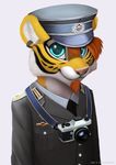  anthro army camera clothing cute east_german feline fur hair hat jamesfoxbr looking_at_viewer male mammal military plain_background smile soldier solo tiger uniform 