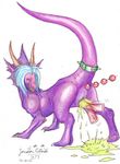  anal anal_beads blue_hair dildo dragon eyes_closed female feral hair horn peeing plain_background purple_skin pussy raised_tail scalie sex_toy teeth themasterdramon urine watersports 