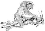  anal anal_penetration antlers biceps big_muscles blotch duo eyes_closed feline gay greyscale hindpaw hooved_fingers hooves horn interspecies kneeling lion lying male mammal mane monochrome muscles on_side open_mouth oryx paws penetration penis plain_background predator/prey_relations sex white_background 
