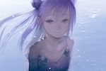  avatar_base bare_shoulders collarbone commentary_request dress hair_bun hikaru_(atelier_no_note) long_hair looking_at_viewer off_shoulder original purple smile solo spaghetti_strap strap_slip sundress 
