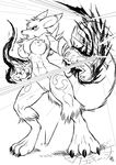  aura big_breasts black_sclera breasts chest_tuft claws digimon fangs female fire fists fur gloves laser line_art mane markings monochrome nipples nude pussy renamon s-nina tuft uncolored 