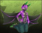  abstract_background bat clothing erection fur green_eyes green_nose grey_fur grey_penis hi_res hindpaw jijix looking_at_viewer male mammal pants paws penis purple_fur solo spikes topless undressing wings 