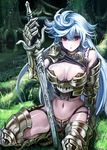  :o armor armored_boots between_legs bikini_armor blue_hair blush boots branch breastplate breasts chestnut_mouth cleavage forest gauntlets hikaru_(atelier_no_note) holding holding_sword holding_weapon large_breasts long_hair mos nature navel original pointy_ears pon purple_eyes root shoulder_pads solo squatting sword thigh_boots thighhighs tree water weapon 