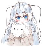  1girl animal bangs blue_eyes blue_hair blush brown_sweater cat commentary_request cropped_torso eyebrows_visible_through_hair girls_frontline hair_between_eyes hands_up head_tilt highres holding holding_animal holding_cat long_hair long_sleeves looking_at_viewer ribeyrolles_1918_(girls_frontline) simple_background sleeves_past_wrists solo sweater tandohark very_long_hair white_background 