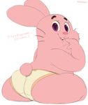  briefs butt chubby clothed clothing fur lagomorph looking_at_viewer looking_back male mammal pink_fur rabbit richard_watterson skimpy solo sunibee text the_amazing_world_of_gumball tight_clothing topless underwear 