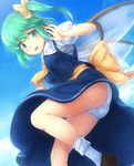  ass bad_id bad_pixiv_id bare_legs blush bow daiyousei dress fairy_wings green_eyes green_hair hair_bow komimiyako panties pantyshot parted_lips short_hair side_ponytail socks solo touhou underwear white_legwear white_panties wings 