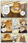 blush brandon brown_fur canine clothed clothing comic dialog feline fur green_eyes grin hoodie inside jeremy laugh male mall mammal open_mouth orange_fur scarf sefeiren stripes text tiger timber_wolf tongue wolf 