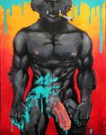  big_penis black_fur body_hair canine cigarette erection fangs fur half-erect happy_trail male mammal nicolas0113 nipples nude paint penis smoking solo traditional_media uncut vein 